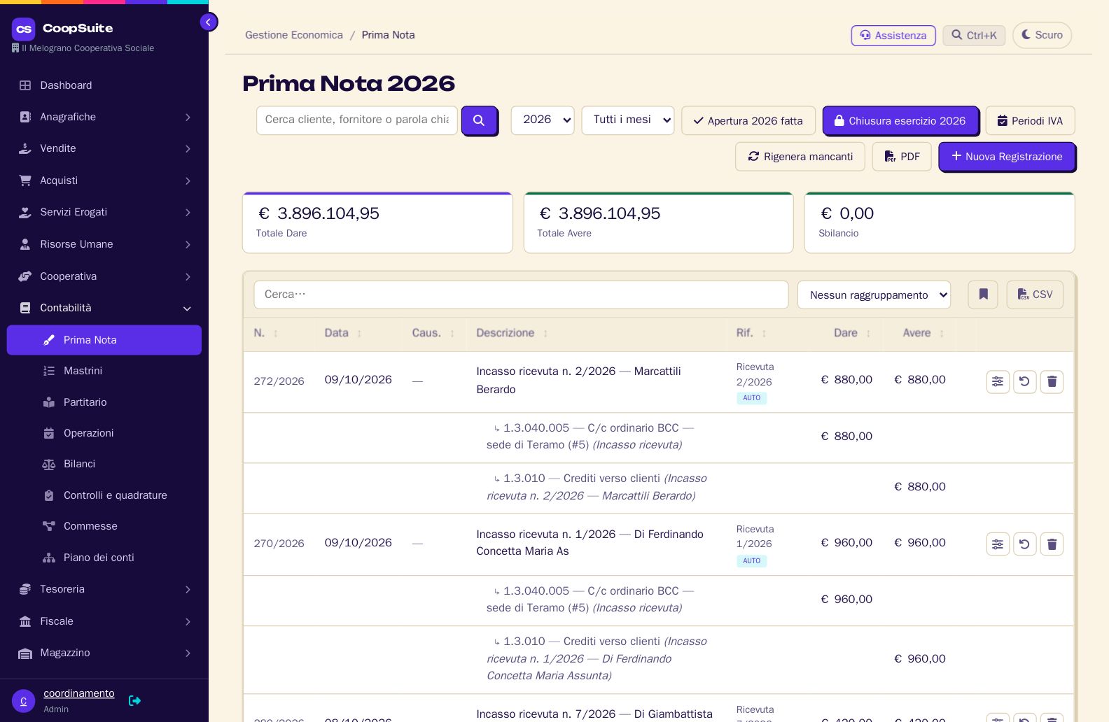 La prima nota in CoopSuite con totali di dare e avere